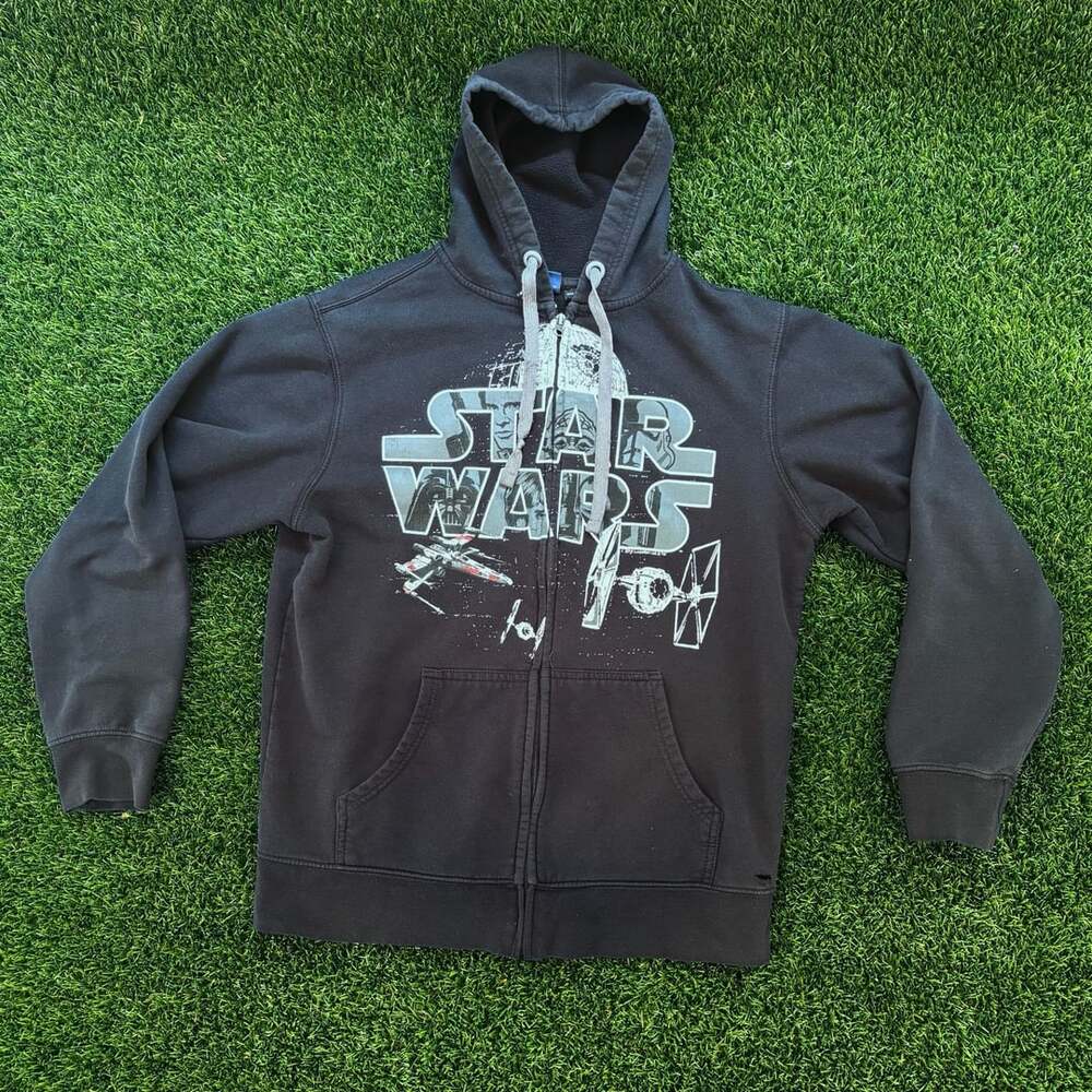 Star Wars Full Zip Black Hoodie Size M Death Star Starfighter Graphic Sweatshirt